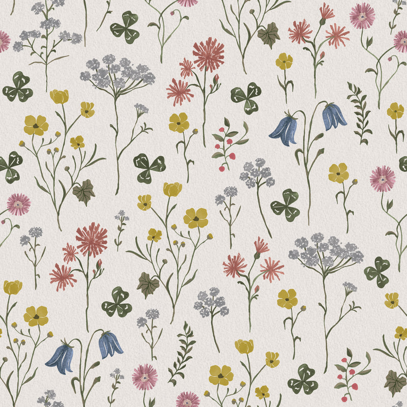 Sommaräng - Gryning – Naturlig tapet med vilda blommor och växter i färgstark design