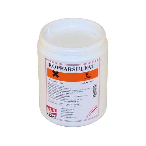 Kopparsulfat i plastburk - 1kg  Träimpregnering och mot strålröta på hästar.