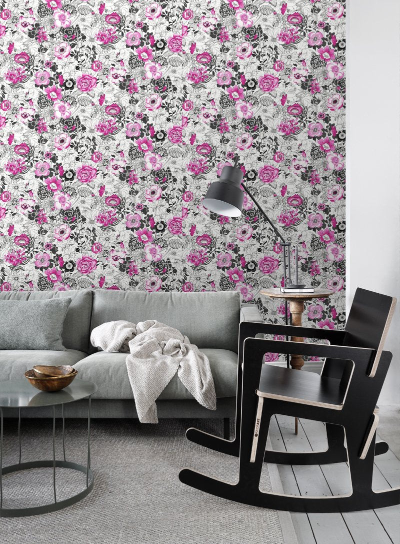 ESTAhome tapet blommor - rosa och svart - Hemmavid.se