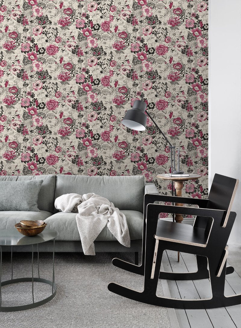 ESTAhome tapet blommor - mörkrött och beige - Hemmavid.se
