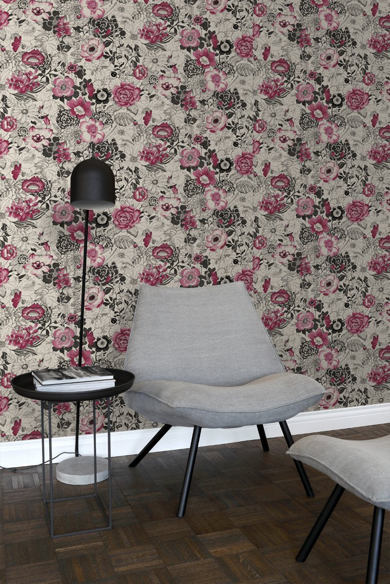 ESTAhome tapet blommor - mörkrött och beige - Hemmavid.se