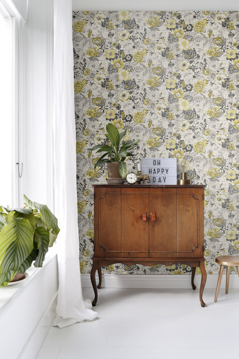ESTAhome tapet blommor - ockra och beige - Hemmavid.se