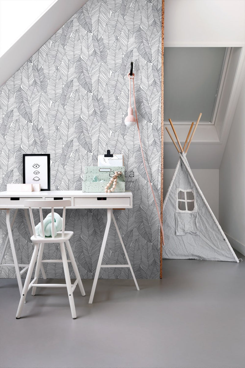ESTAhome tapet handmålade blad - svart och vitt - Hemmavid.se
