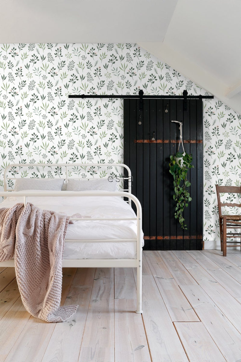 ESTAhome tapet blommönster - vitt och grågrönt - Hemmavid.se