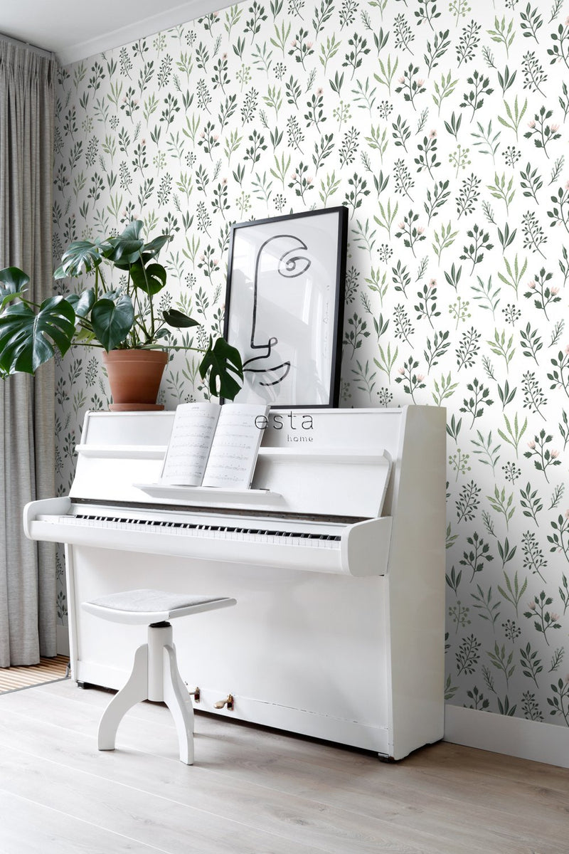 ESTAhome tapet blommönster - vitt och grågrönt - Hemmavid.se