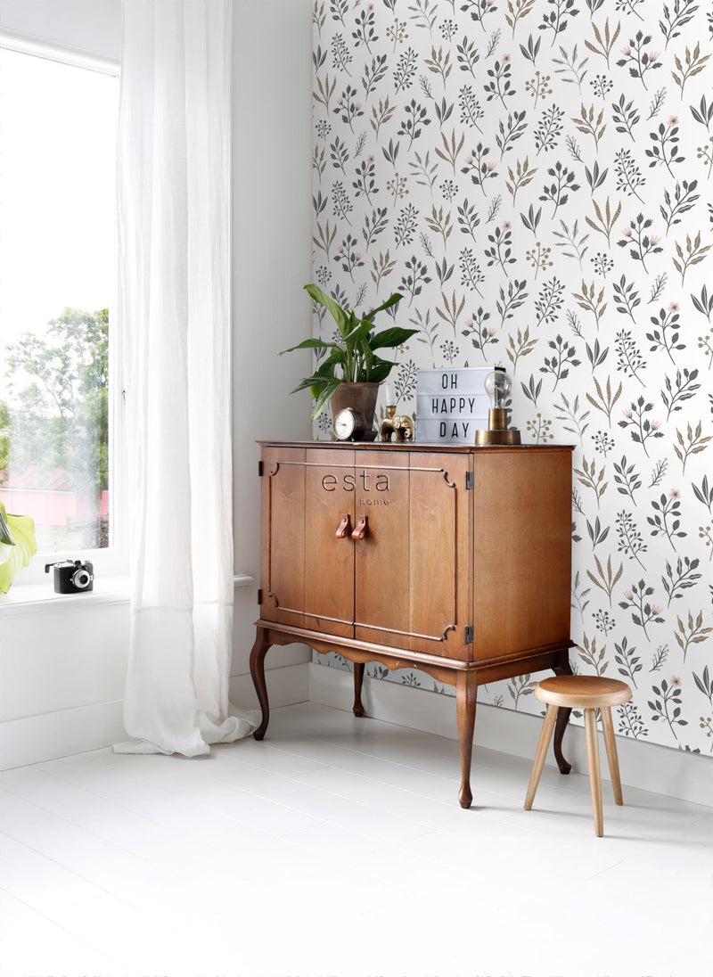 ESTAhome tapet blommönster - vitt, grått och rosa - Hemmavid.se