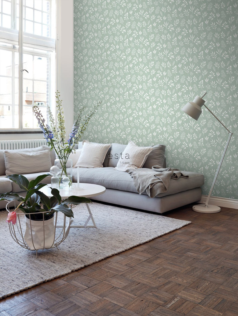 ESTAhome tapet blommönster - mintgrönt och vitt - Hemmavid.se