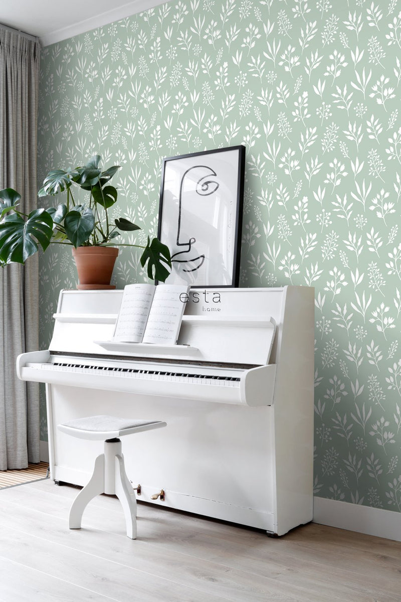 ESTAhome tapet blommönster - mintgrönt och vitt - Hemmavid.se