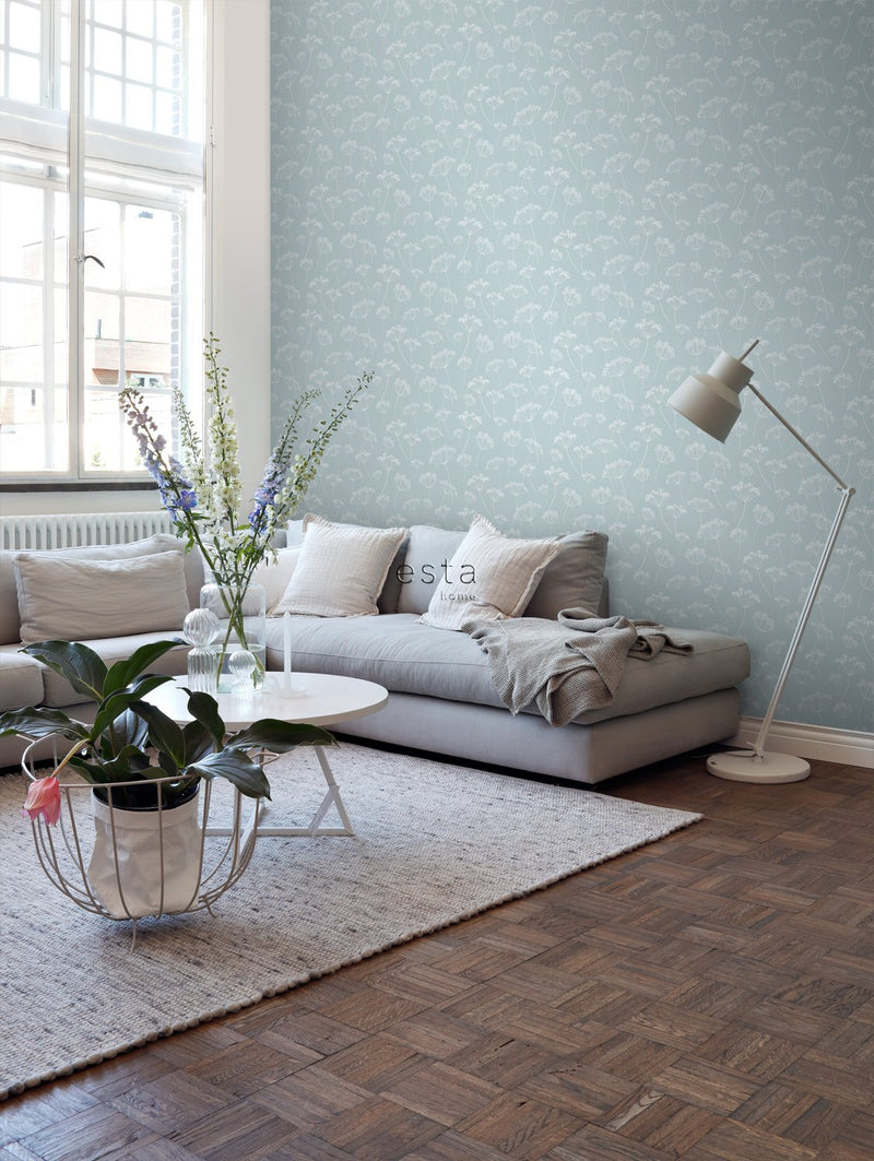 ESTAhome tapet blomflock - ljusblått och vitt - Hemmavid.se