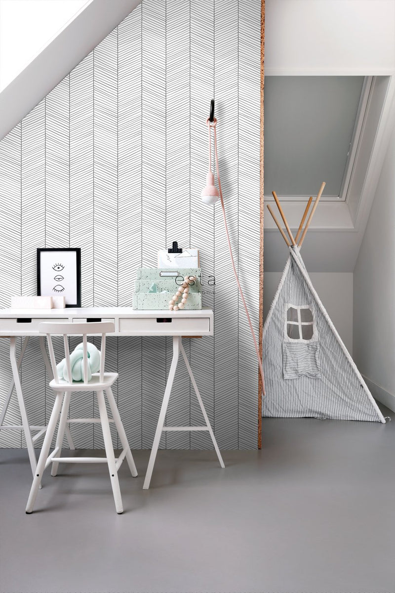 ESTAhome tapet fiskbensmönster - svart och vitt - Hemmavid.se