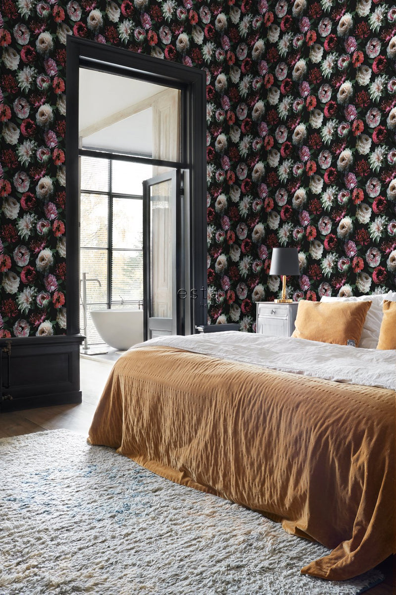 ESTAhome tapet blommor - rosa, svart och mörkgrönt - Hemmavid.se