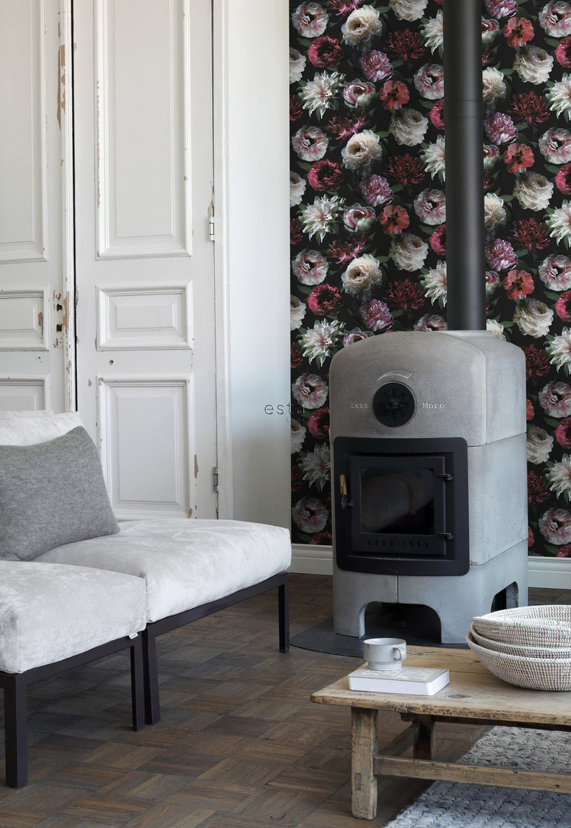 ESTAhome tapet blommor - rosa, svart och mörkgrönt - Hemmavid.se