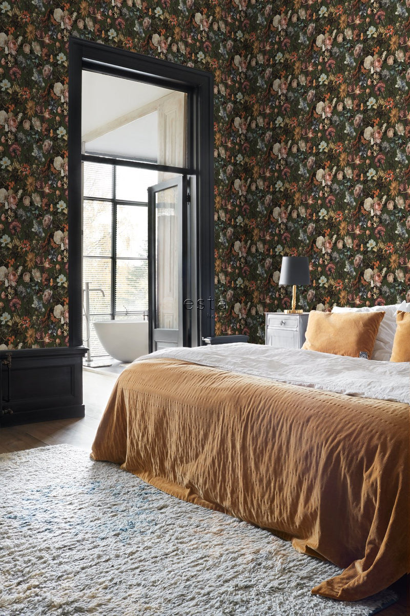 ESTAhome tapet blommor - gråaktigt olivgrönt - Hemmavid.se