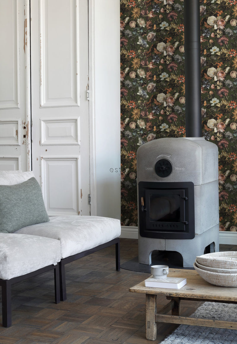 ESTAhome tapet blommor - gråaktigt olivgrönt - Hemmavid.se