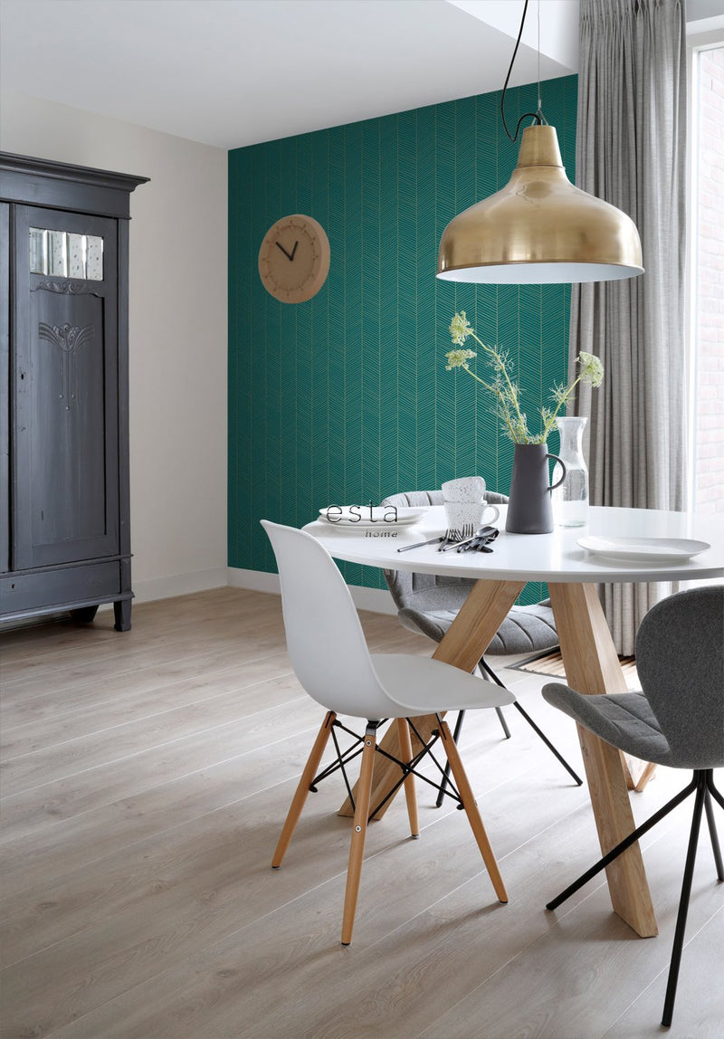ESTAhome tapet fiskbensmönster grönt och guld - Hemmavid.se