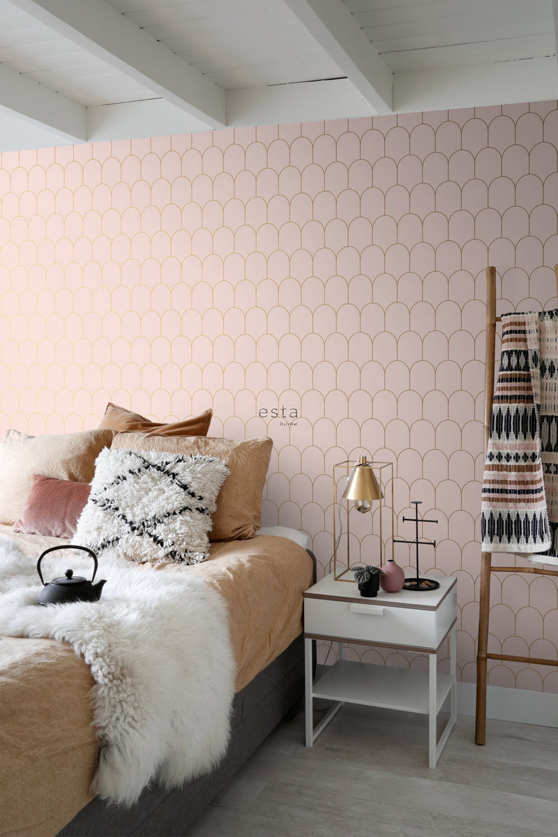 ESTAhome tapet art deco milt rosa och guld - Hemmavid.se
