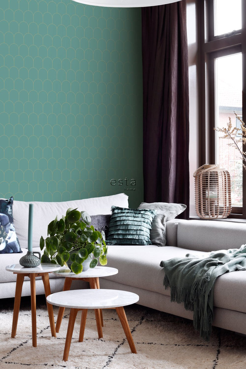 ESTAhome tapet art deco havsgrönt och guld - Hemmavid.se