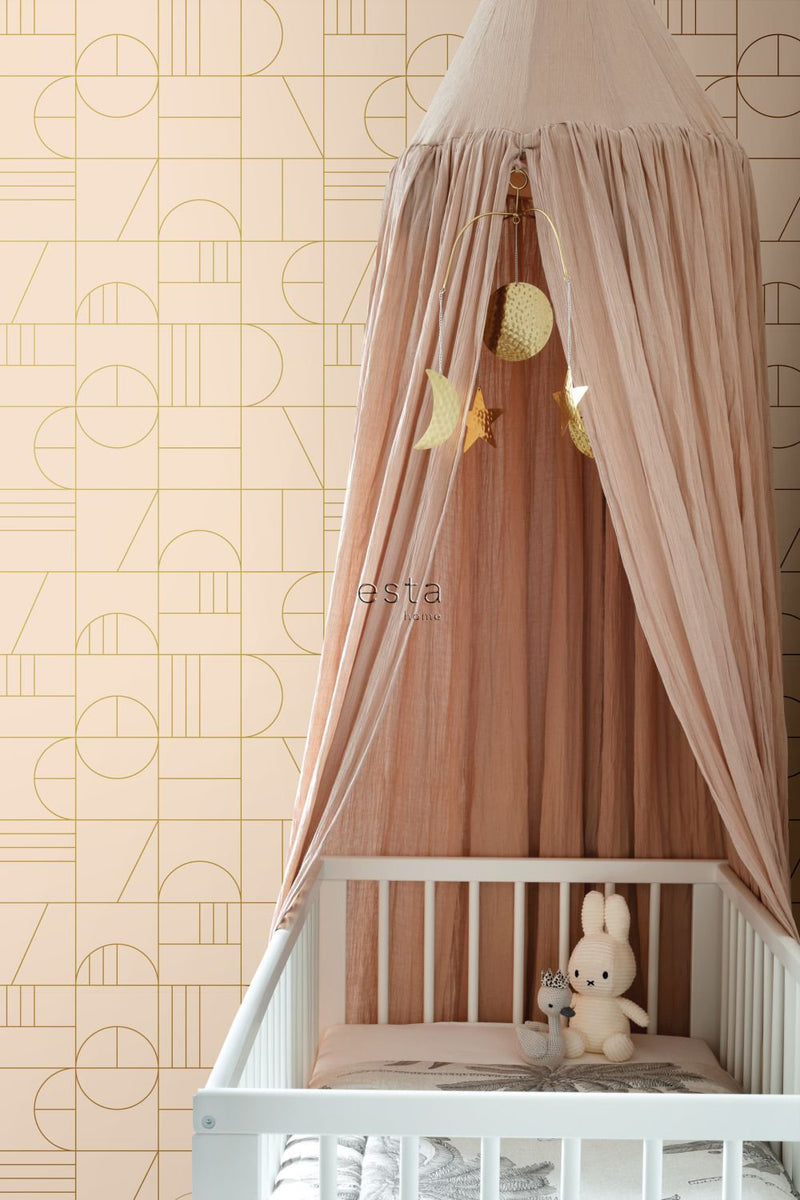 ESTAhome tapet art deco ljust persiko och guld - Hemmavid.se