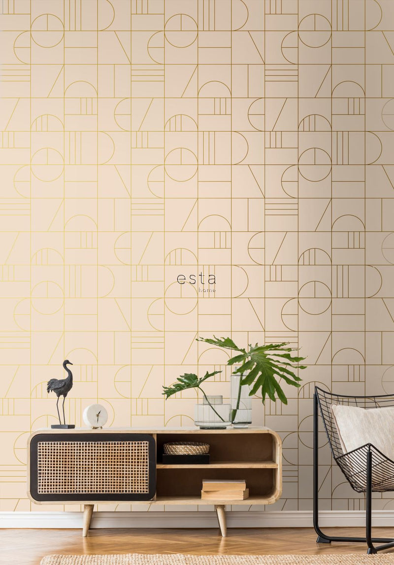 ESTAhome tapet art deco ljust persiko och guld - Hemmavid.se