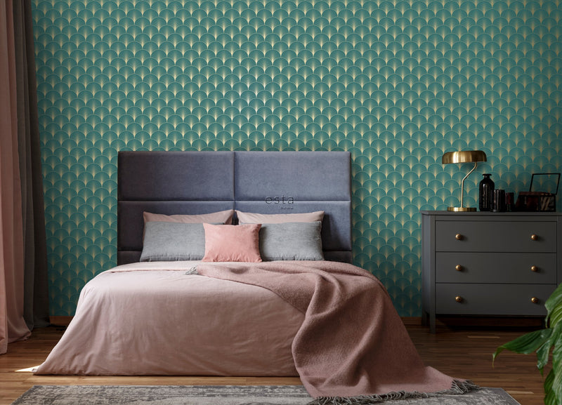 ESTAhome tapet art deco bensinblått och guld - Hemmavid.se