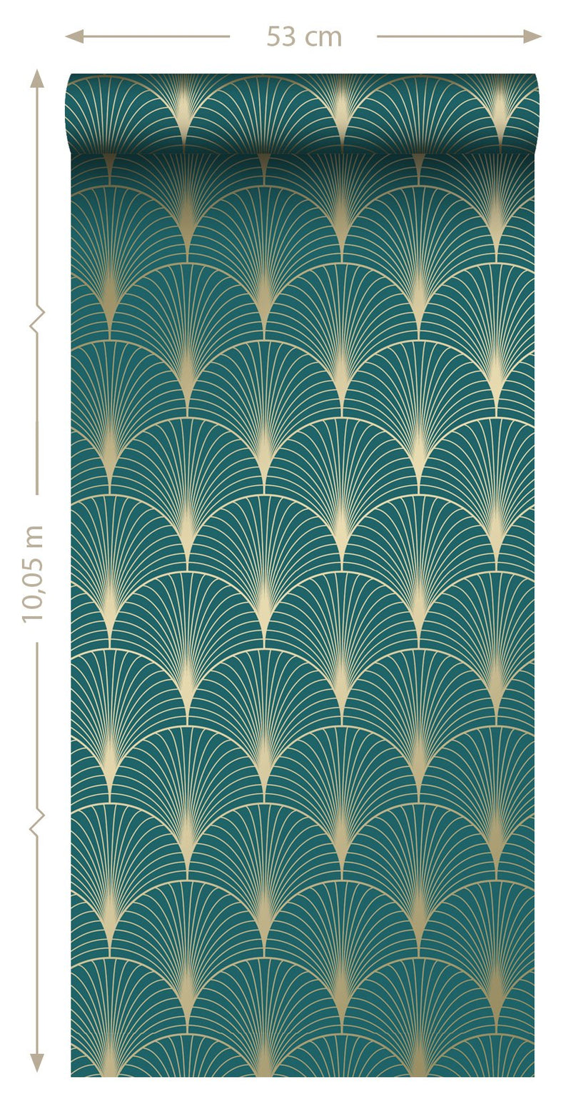 ESTAhome tapet art deco bensinblått och guld - Hemmavid.se