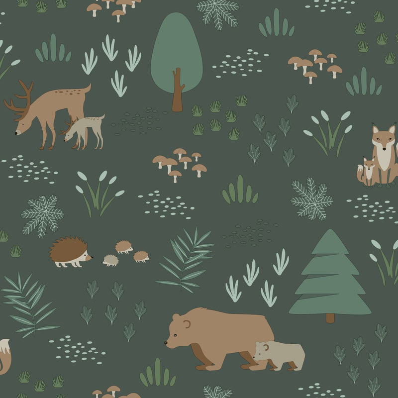 ESTAhome tapet skog med djur mörkgrönt och beige  på Hemmavid.se