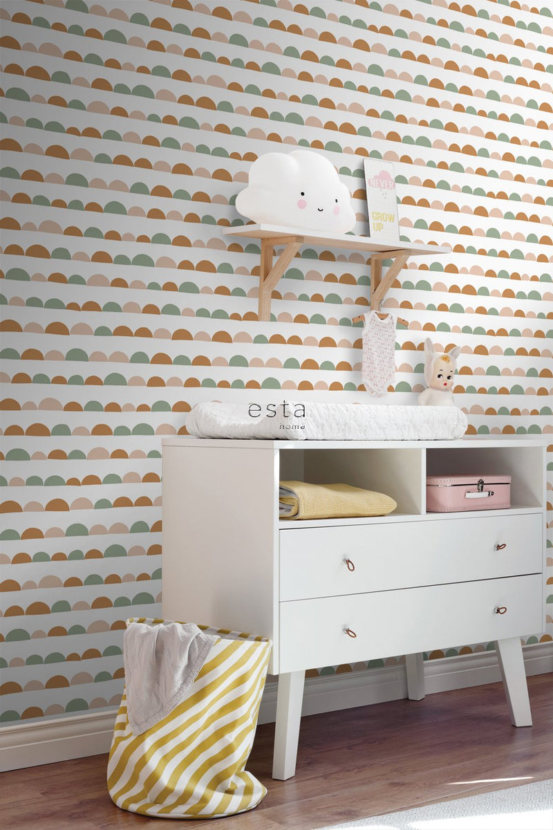 ESTAhome tapet grafiskt motiv orange och grönt  på Hemmavid.se