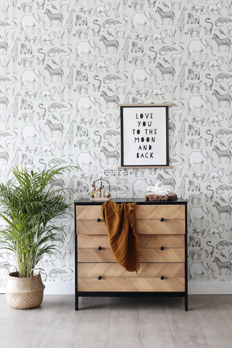 ESTAhome tapet djungeldjur beige och grått  på Hemmavid.se