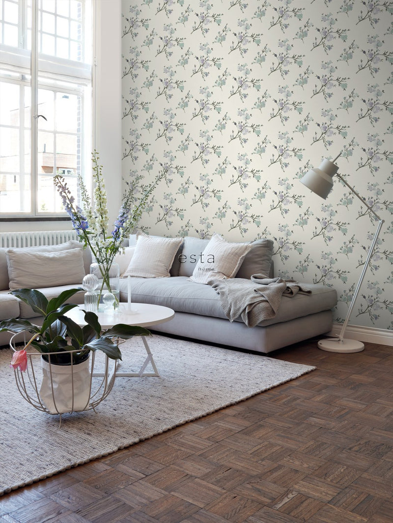 ESTAhome tapet körsbärsblom - beige och syrénlila - Hemmavid.se