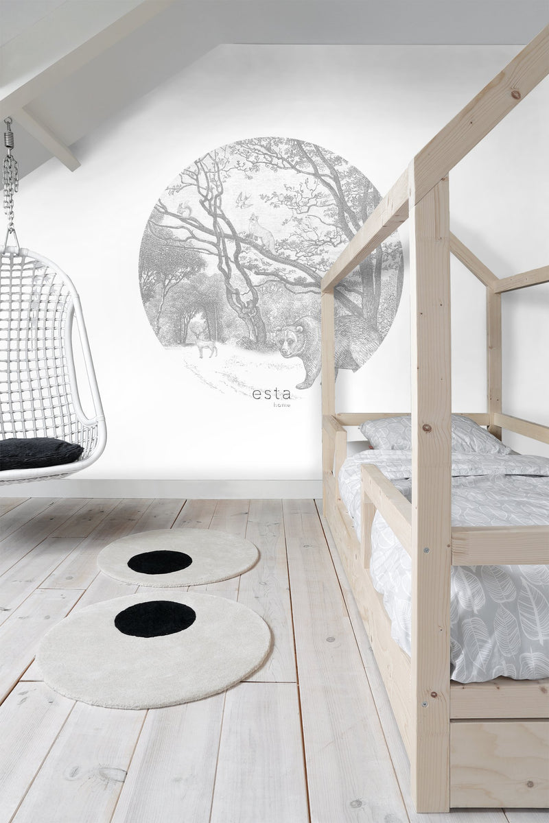ESTAhome rund tapet skog med djur grått  på Hemmavid.se